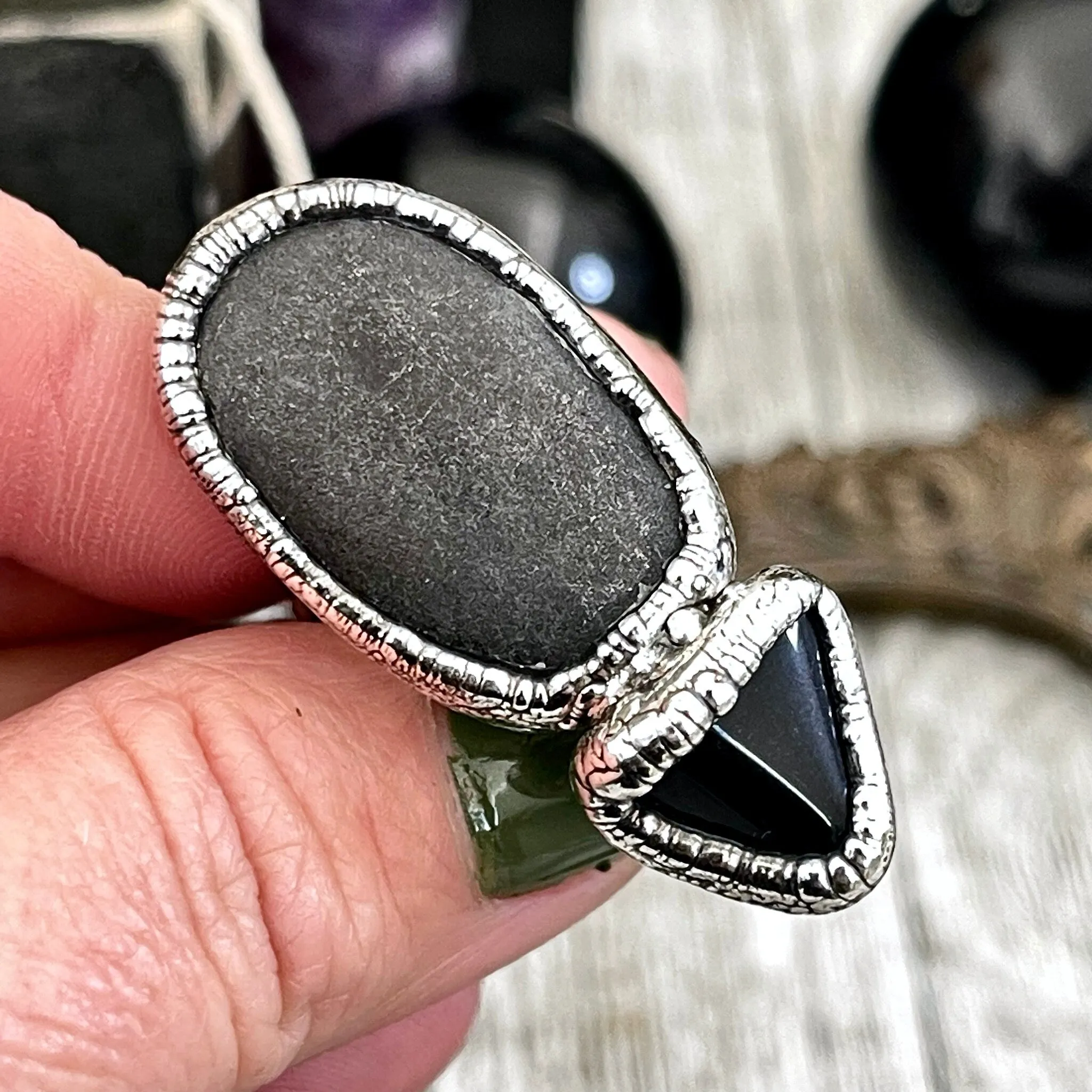 Size 6 Two Stone Ring- Black Onyx River Rock Crystal Ring Fine Silver / Foxlark Collection - One of a Kind