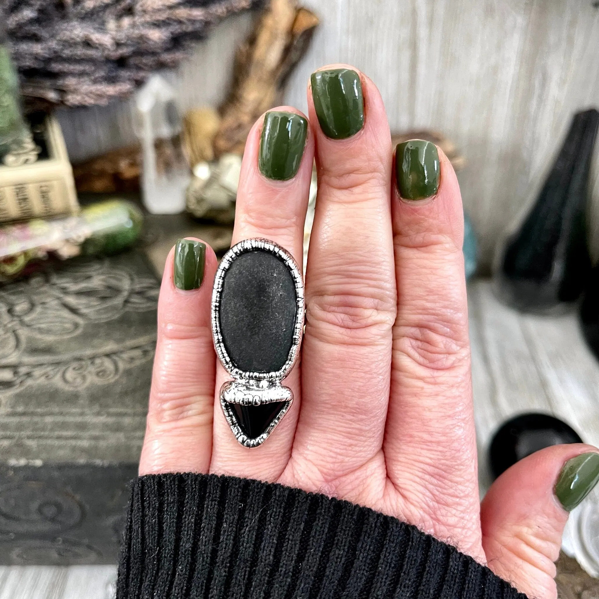 Size 6 Two Stone Ring- Black Onyx River Rock Crystal Ring Fine Silver / Foxlark Collection - One of a Kind