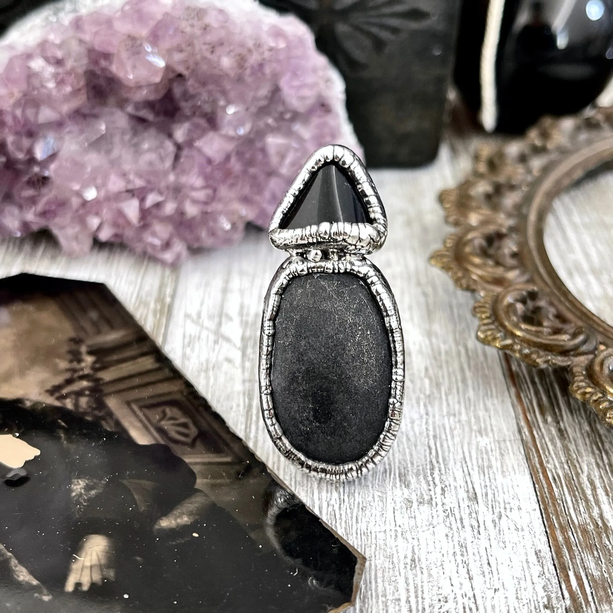 Size 6 Two Stone Ring- Black Onyx River Rock Crystal Ring Fine Silver / Foxlark Collection - One of a Kind