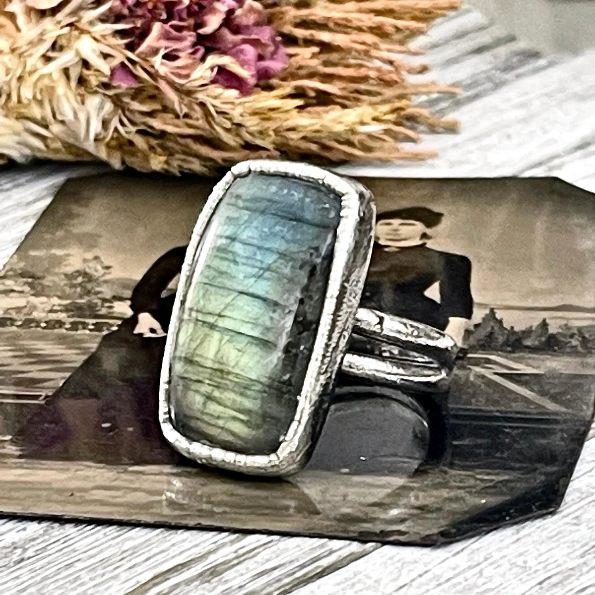 Size 6.5 Labradorite Statement Ring in Fine Silver /  Foxlark Collection - One of a Kind