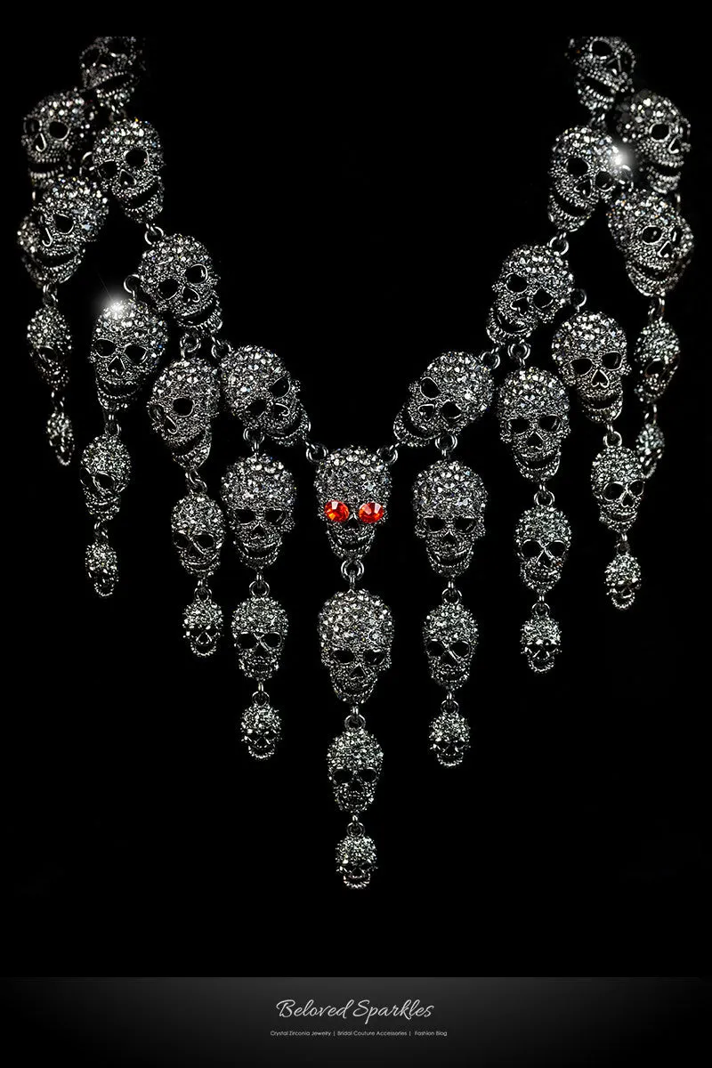 Skulls Cluster Black Goth Fashion Crystal Necklace