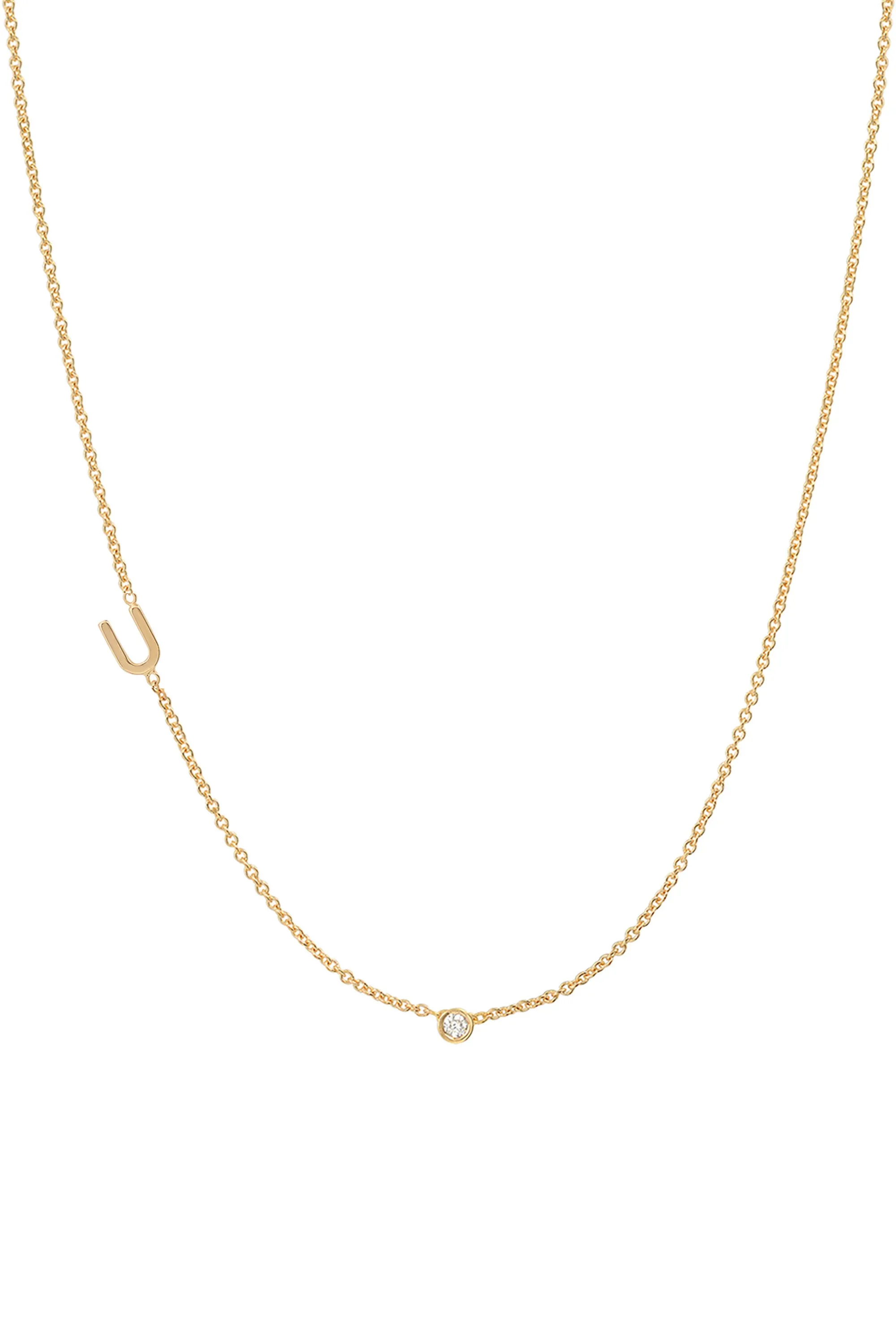 Small Asymmetrical Initial & Diamond Necklace - 14K Yellow