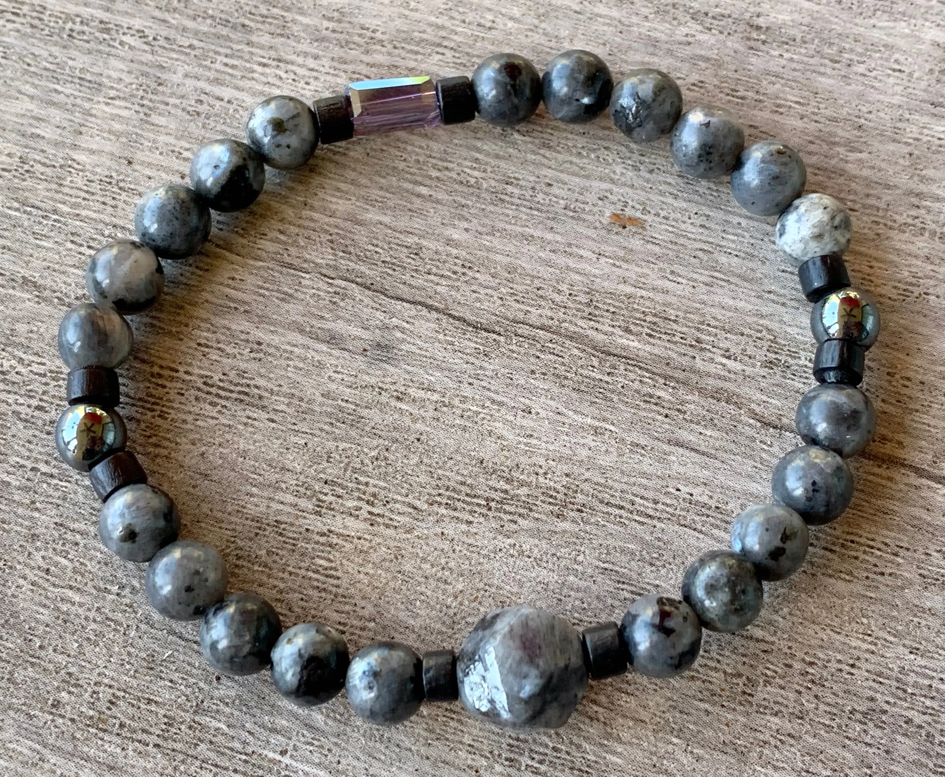 🔴SOLD🔴Dawson Handmade Labradorite, Wood, and Austrian Crystal Expandable Bracelet