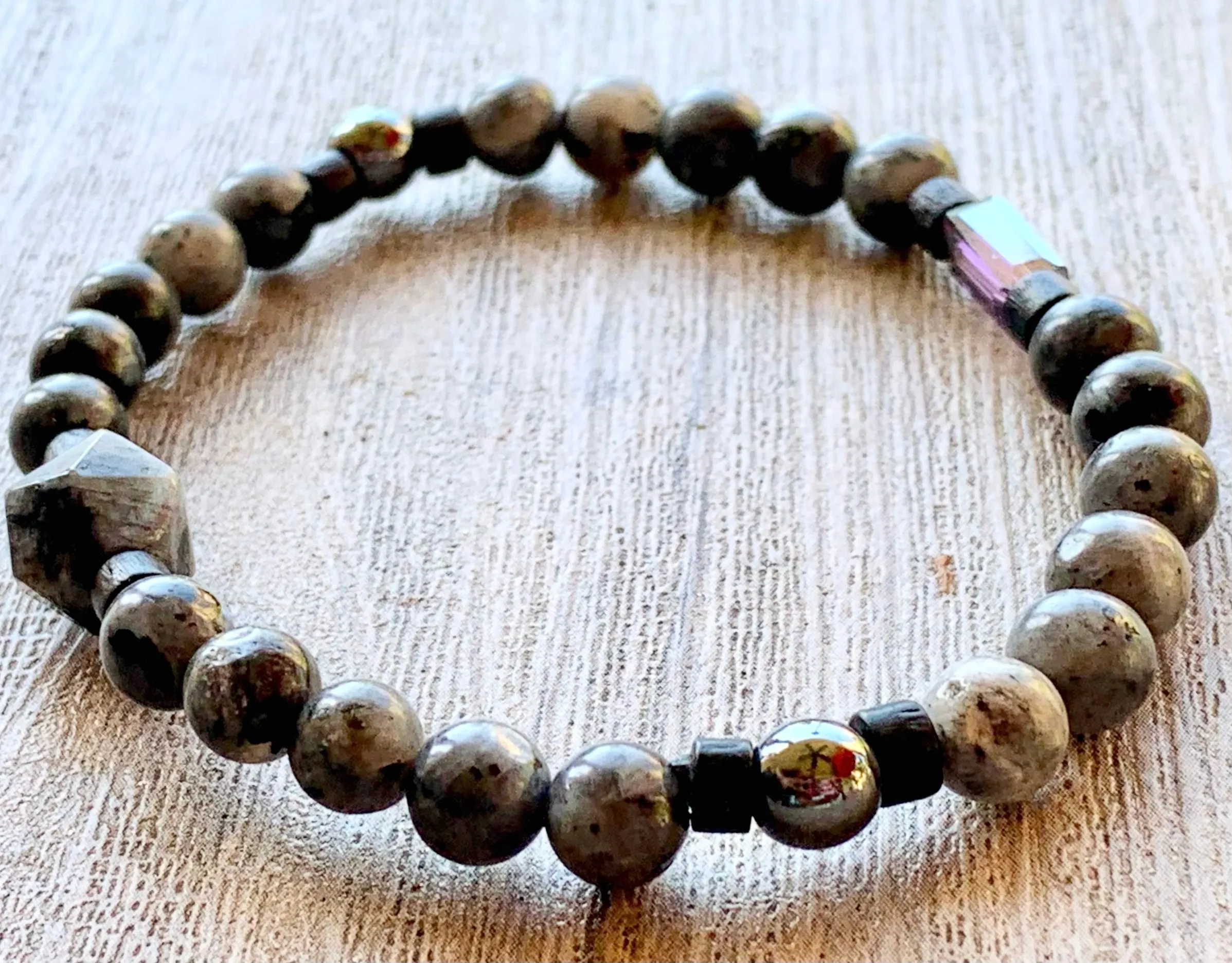 🔴SOLD🔴Dawson Handmade Labradorite, Wood, and Austrian Crystal Expandable Bracelet