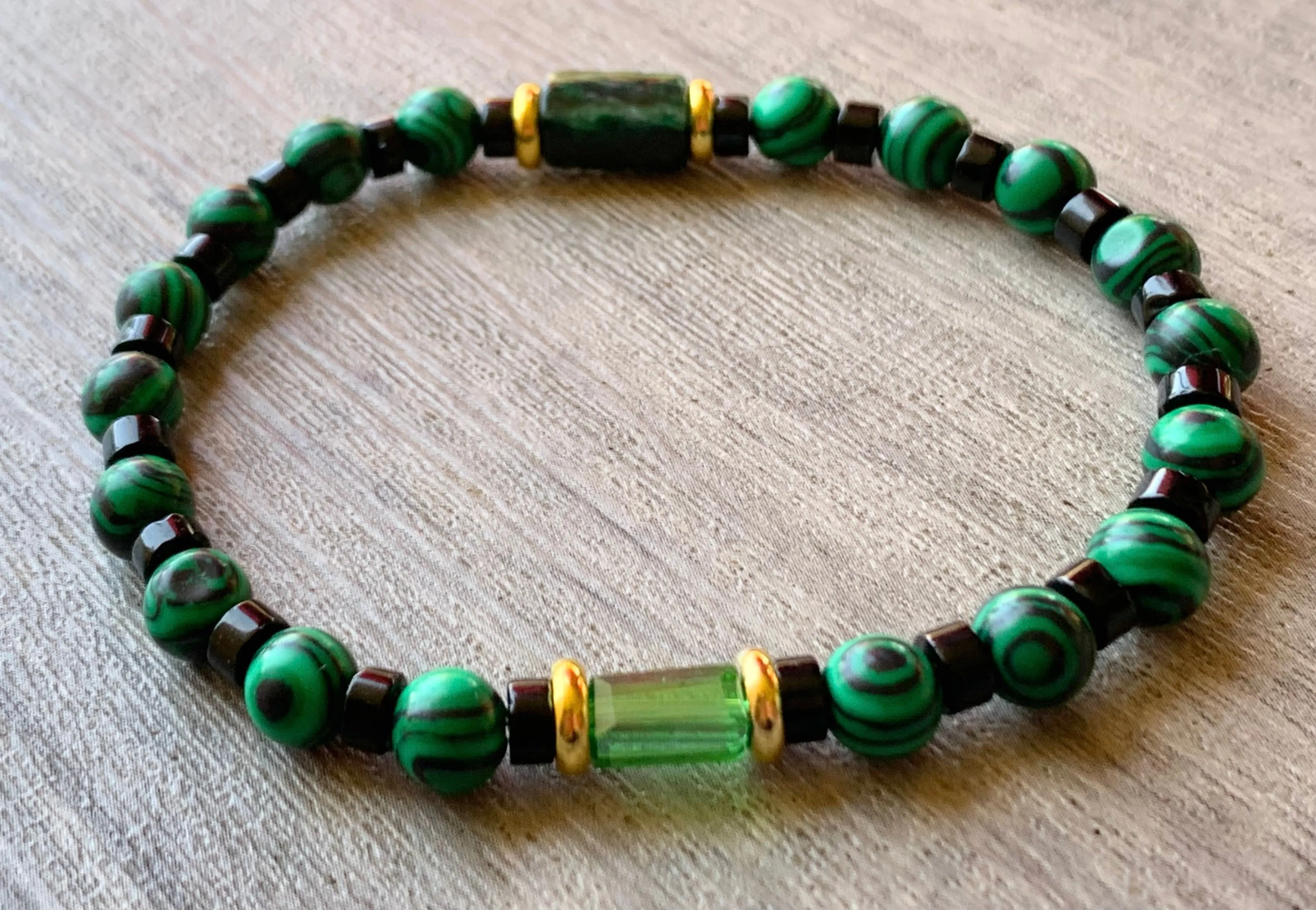 🔴SOLD🔴Drew Handmade Emerald, Malachite, Black Quartz, and Austrian Crystal Expandable Bracelet/ Anklet