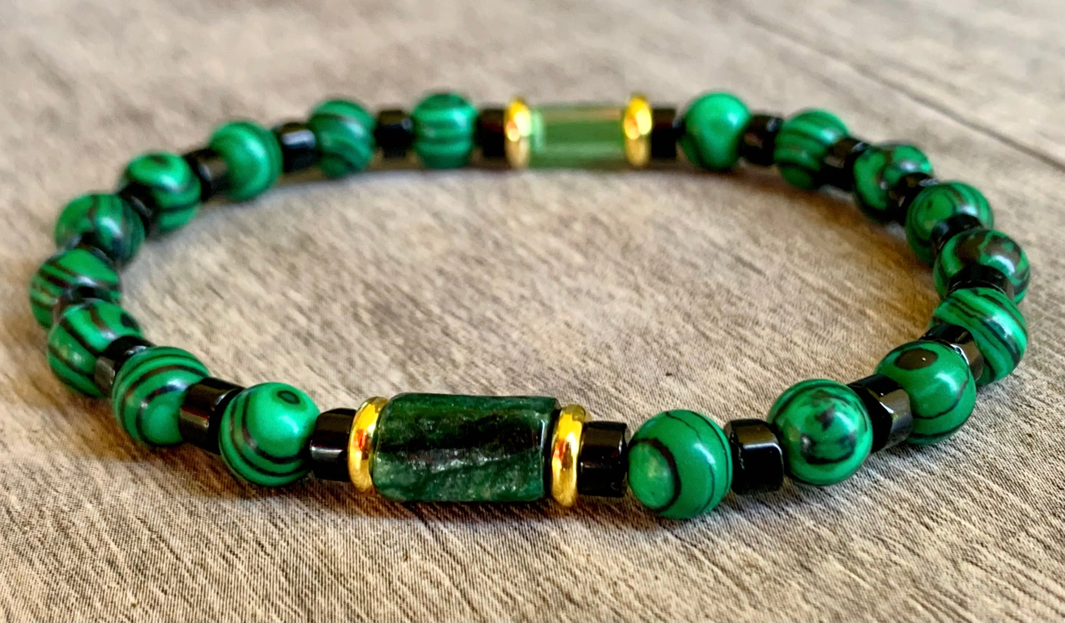 🔴SOLD🔴Drew Handmade Emerald, Malachite, Black Quartz, and Austrian Crystal Expandable Bracelet/ Anklet