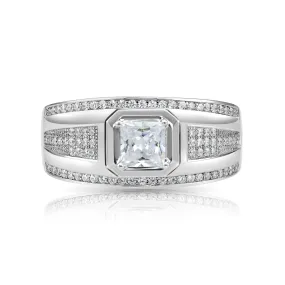 Solid 925 Sterling Silver Solitaire Princess-Cut Square Pave Wedding Pinky Ring