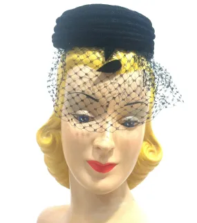 Spiral Swirl Black Velvet Cocktail Hat w/ Veil and Appliques circa 1960s