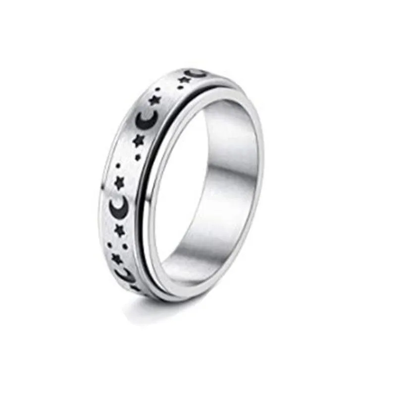 Stainless Steel Celestial Spinner Ring: Moon and Stars Design for Anxiety Relief