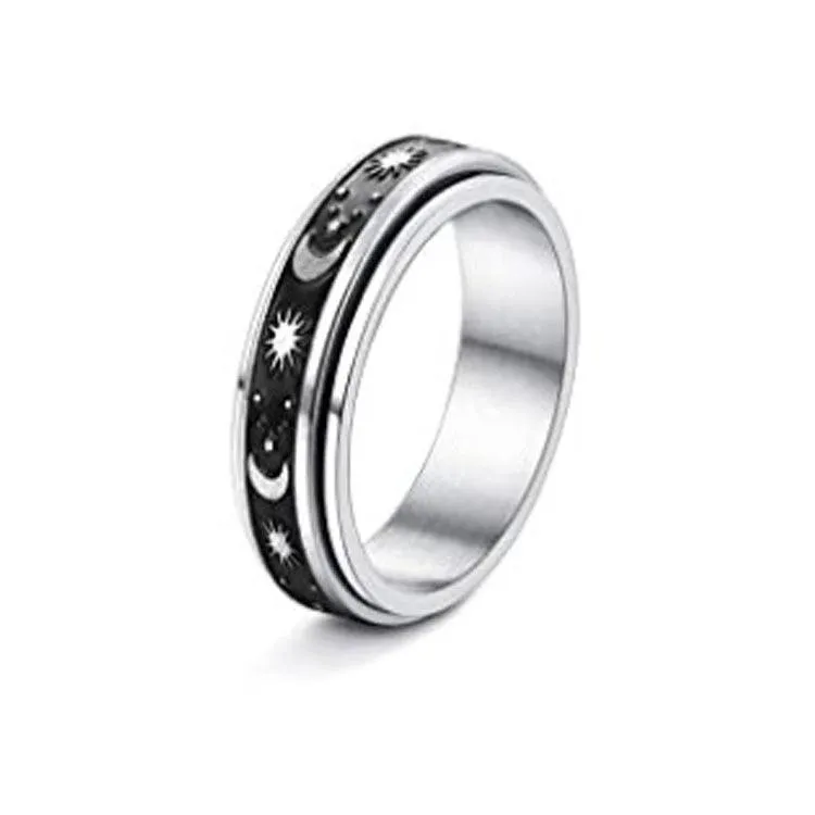 Stainless Steel Celestial Spinner Ring: Moon and Stars Design for Anxiety Relief