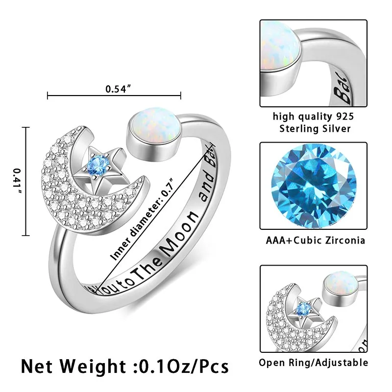 Star and Moon Rings Opal Crescent Moon Statement Ring Gifts for Women Girls Sterling Silver