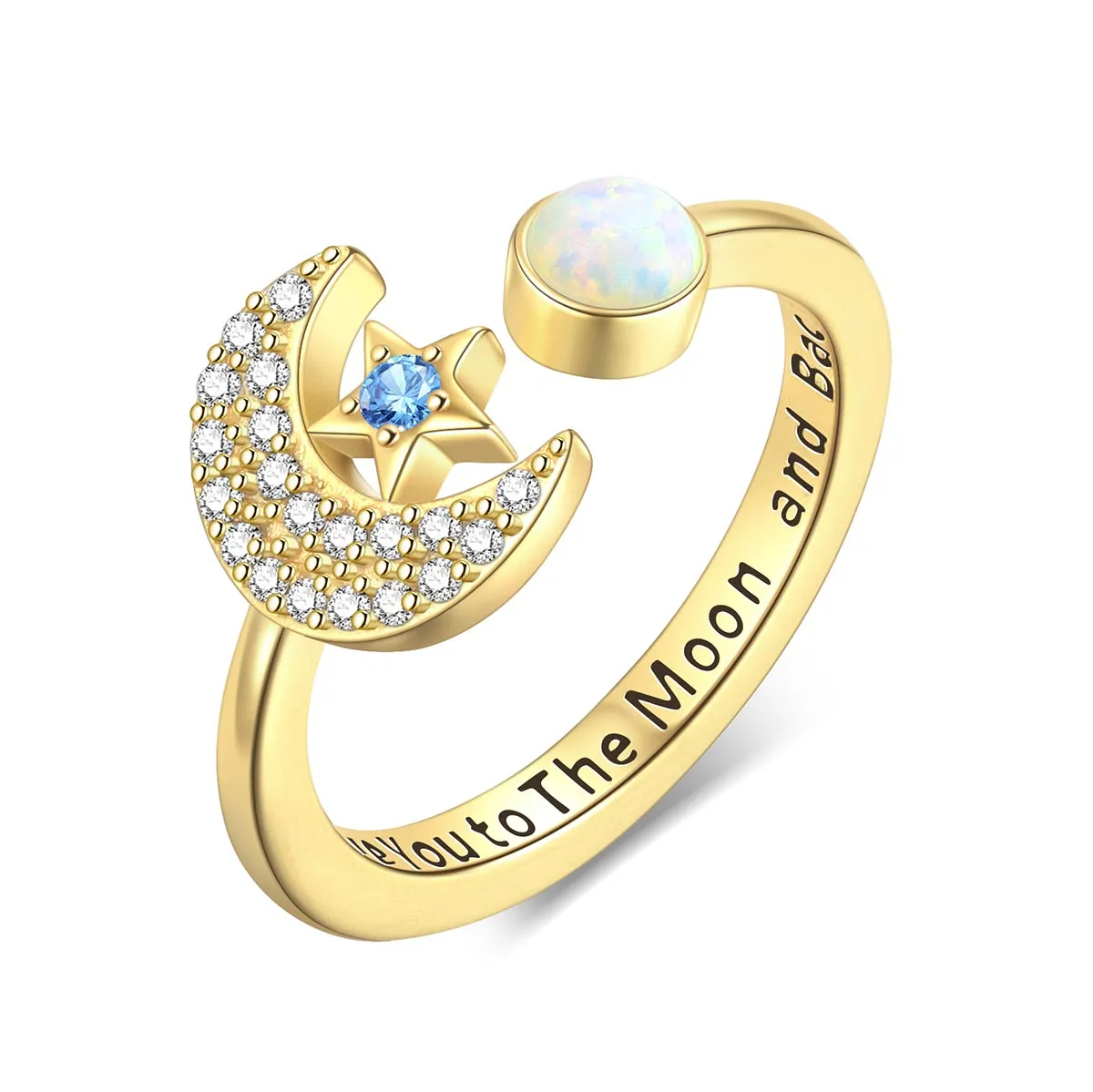 Star and Moon Rings Opal Crescent Moon Statement Ring Gifts for Women Girls Sterling Silver