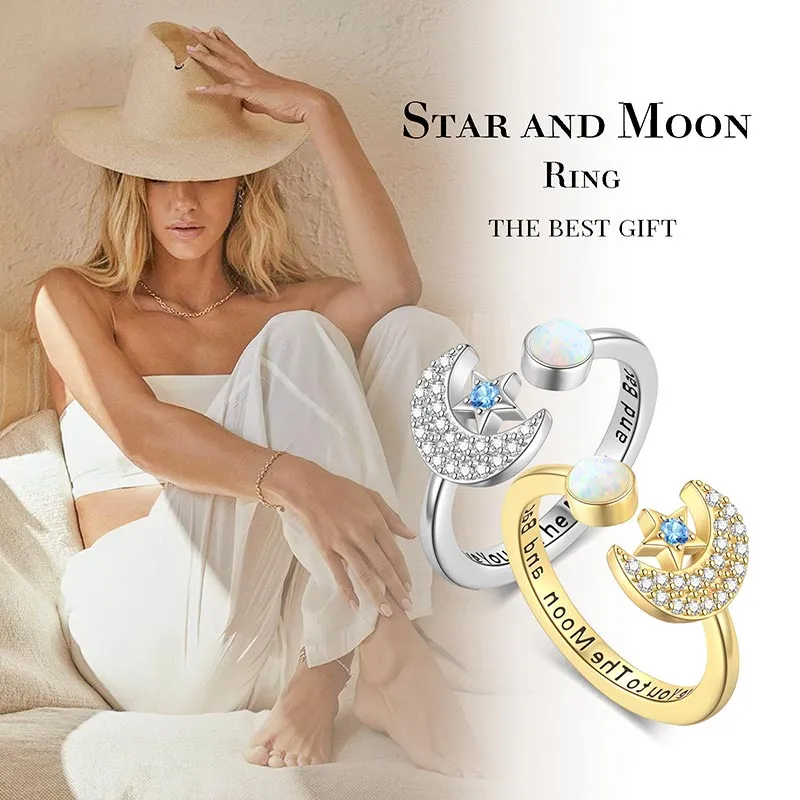 Star and Moon Rings Opal Crescent Moon Statement Ring Gifts for Women Girls Sterling Silver