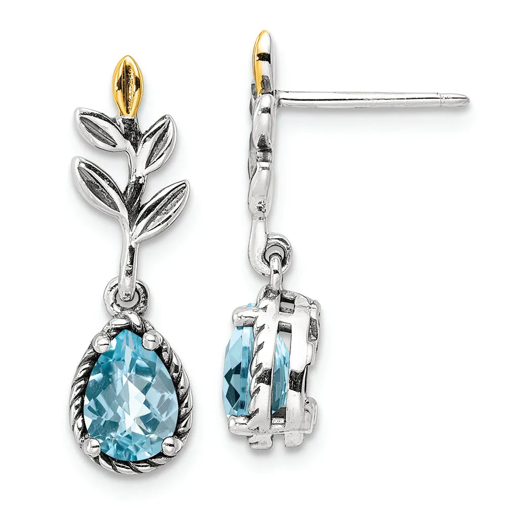 Sterling Silver w/14k Leaf 1.54BT Light Swiss Bl. Topaz Post Earrings