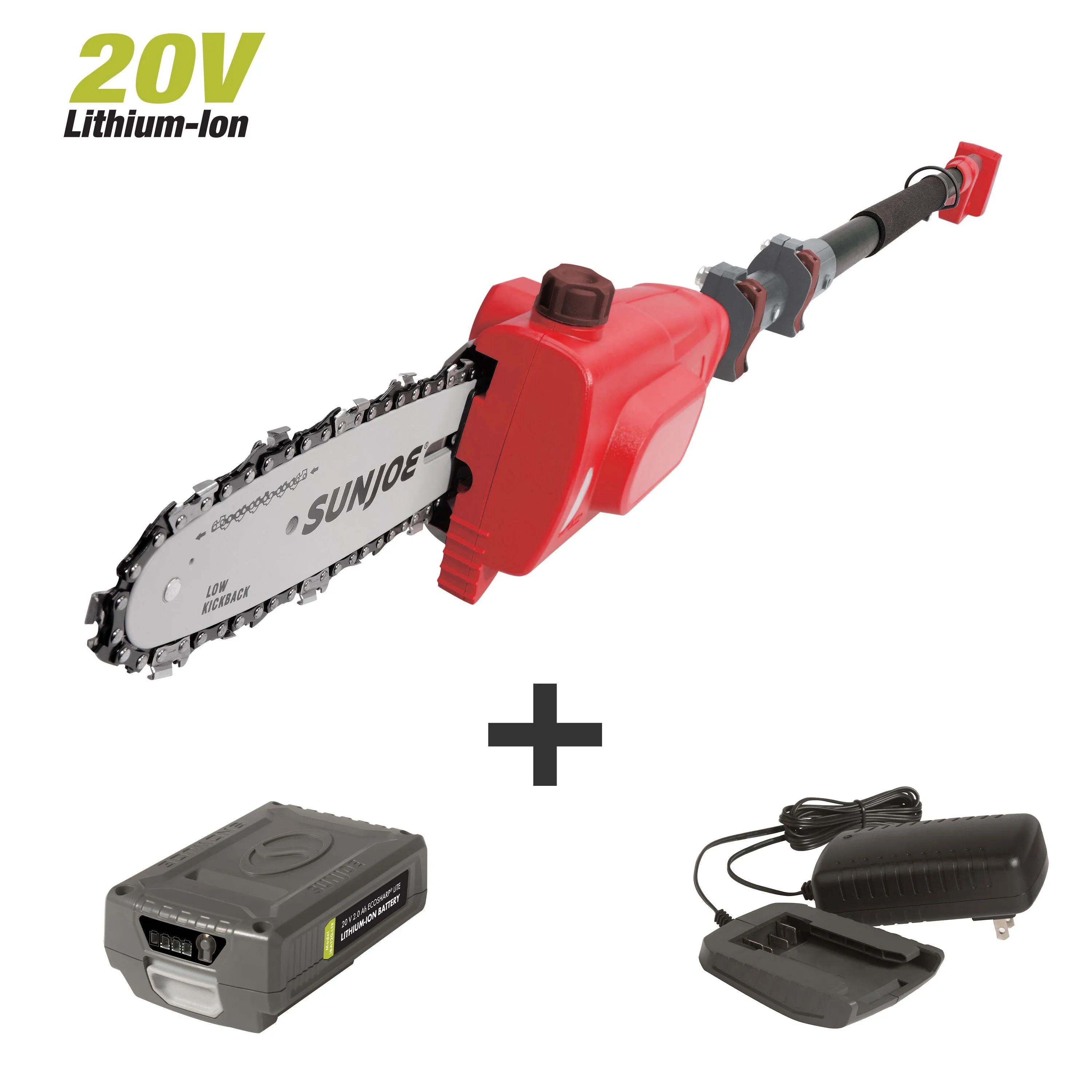 Sun Joe 20VIONLT-PS8-RED iON Cordless Telescoping Pole Chain Saw Kit | 8-inch | W/ 2.5-Ah Battery and Charger (Red)