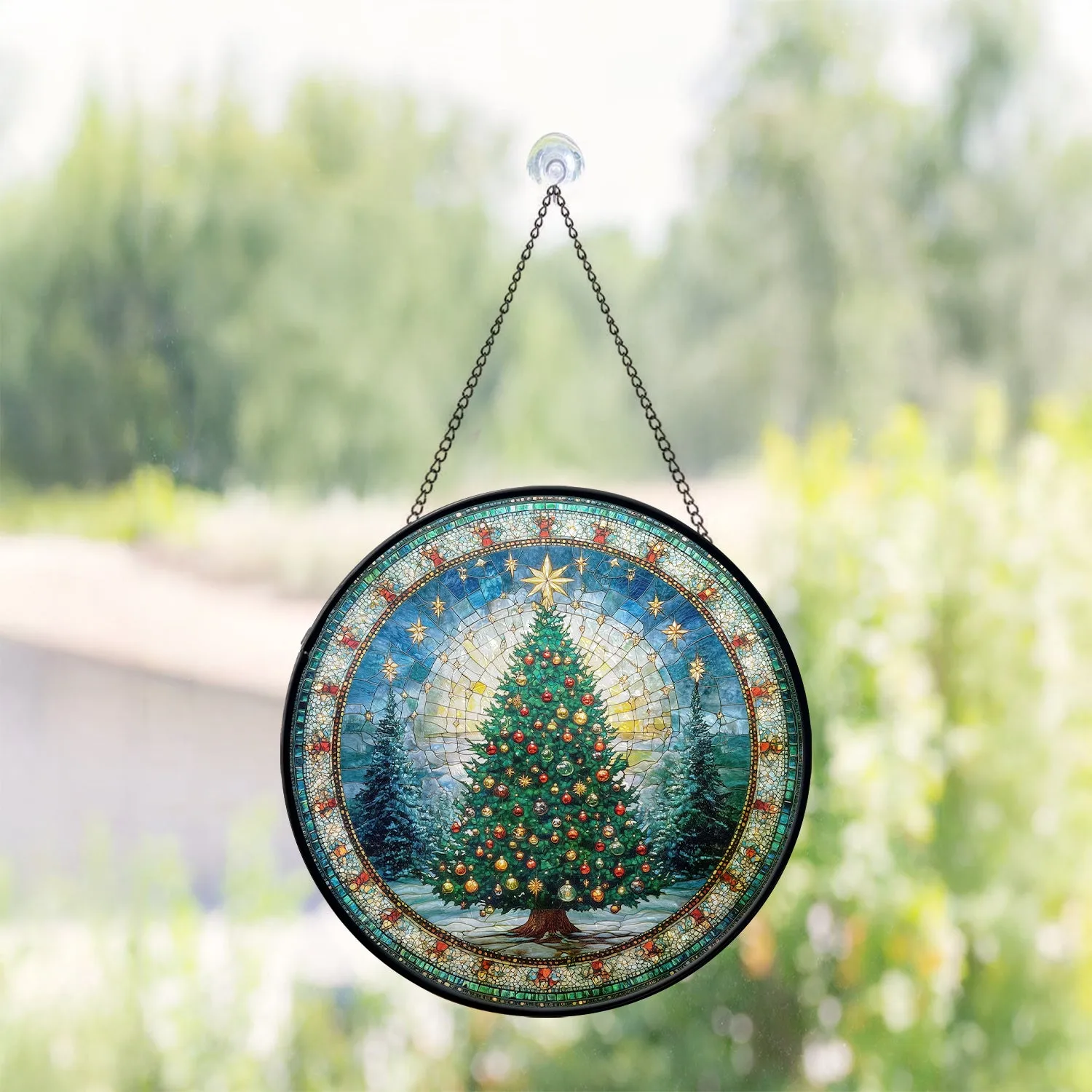 Teesdily | Christmas Santa Claus Stained Glass Round Window Hanging, Christmas Tree Printed Wall Decor, Xmas Home Decor, Suncatcher Christmas Gift