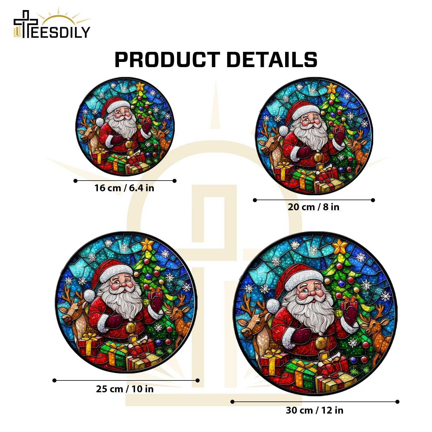 Teesdily | Christmas Santa Claus Stained Glass Round Window Hanging, Christmas Tree Printed Wall Decor, Xmas Home Decor, Suncatcher Christmas Gift