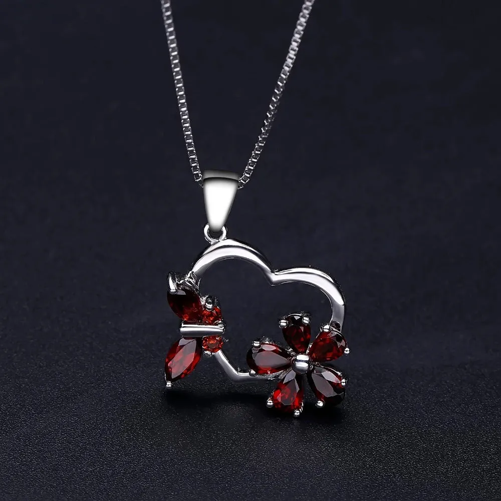 Temperament Style Inlaid Natural Garnet Heart with Flower and Butterfly Pendant Silver Collarbone Necklace for Women