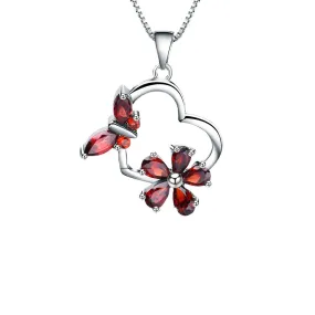 Temperament Style Inlaid Natural Garnet Heart with Flower and Butterfly Pendant Silver Collarbone Necklace for Women