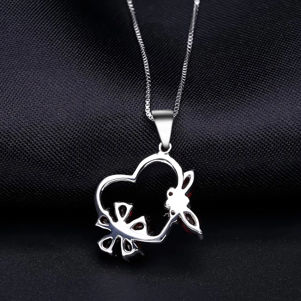 Temperament Style Inlaid Natural Garnet Heart with Flower and Butterfly Pendant Silver Collarbone Necklace for Women