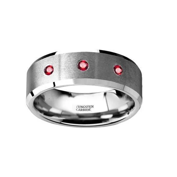 Tungsten Wedding Band Brushed Beveled Edges with 3 Red Ruby Diamond Settings - 8mm