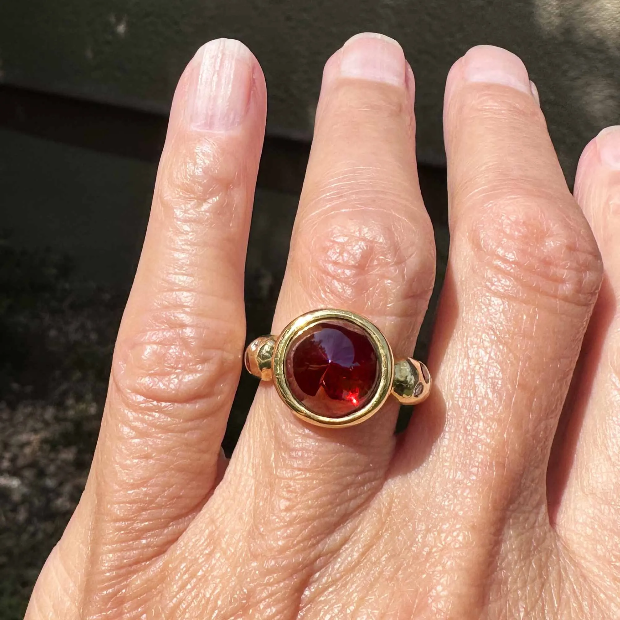 Unique 18K Gold Diamond Bullet Cabochon Garnet Ring