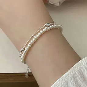 VAIGE Elegant Double-Layer Pearl & Zirconia Chain Bracelet in White and Gold