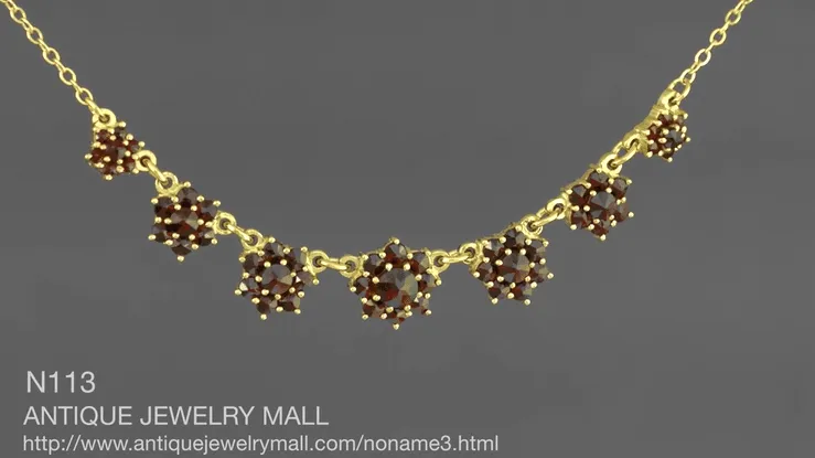 Victorian Bohemian Garnet Floral Necklace in Yellow Gold Vermeil Over Sterling Silver