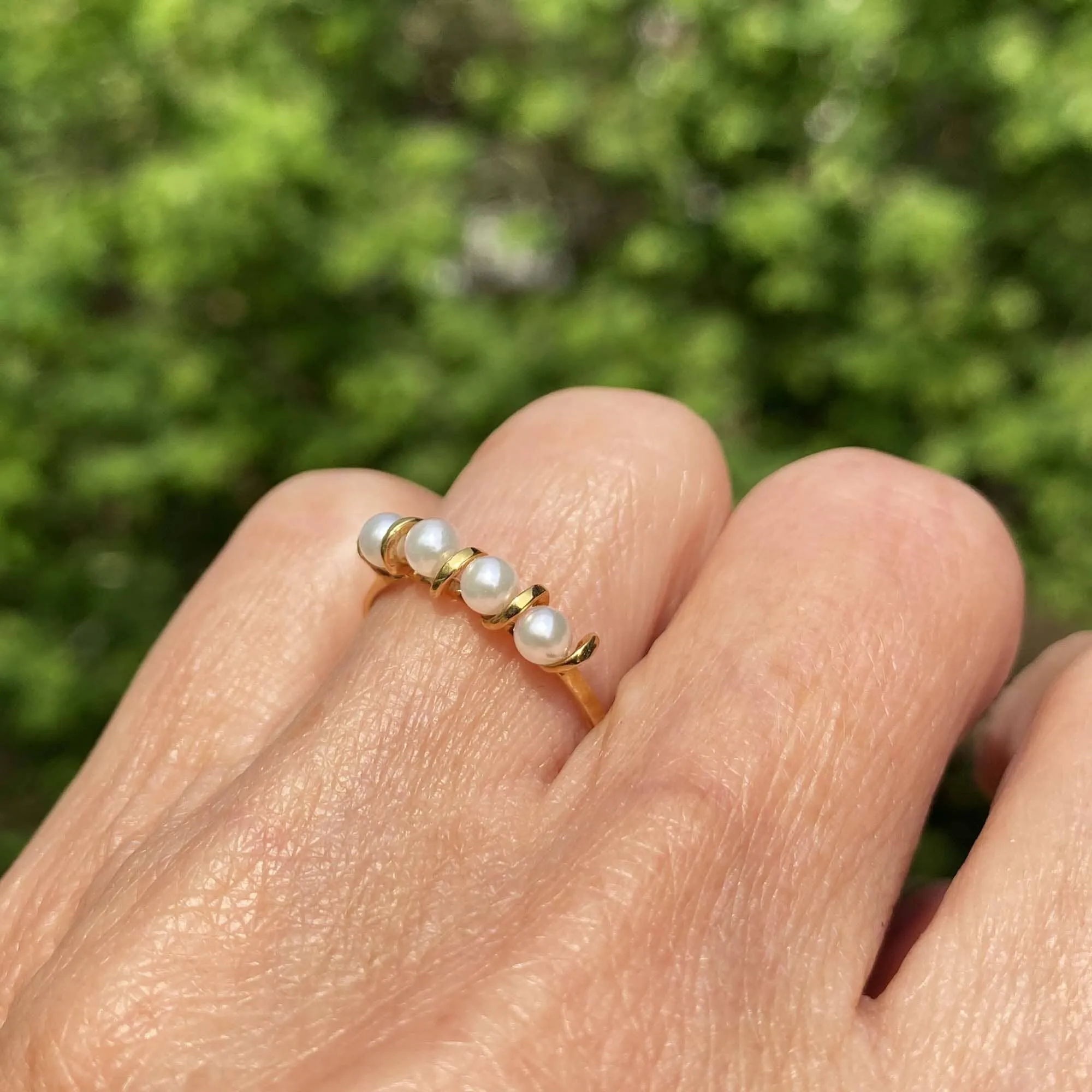 Vintage 14K Gold Four Stone Half Hoop Pearl Ring