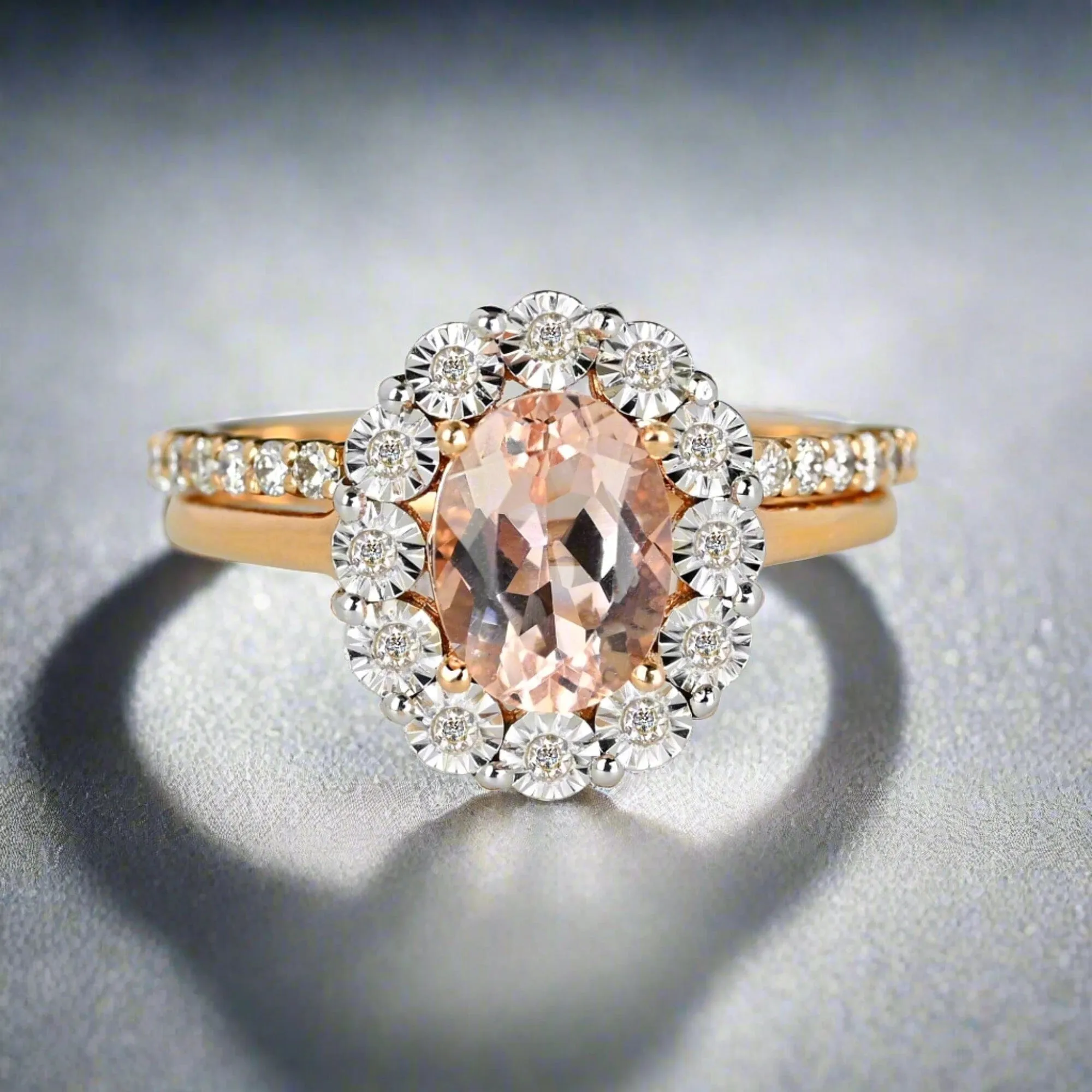 Vintage 14K Rose Gold Diamond Moraganite Wedding Ring Set