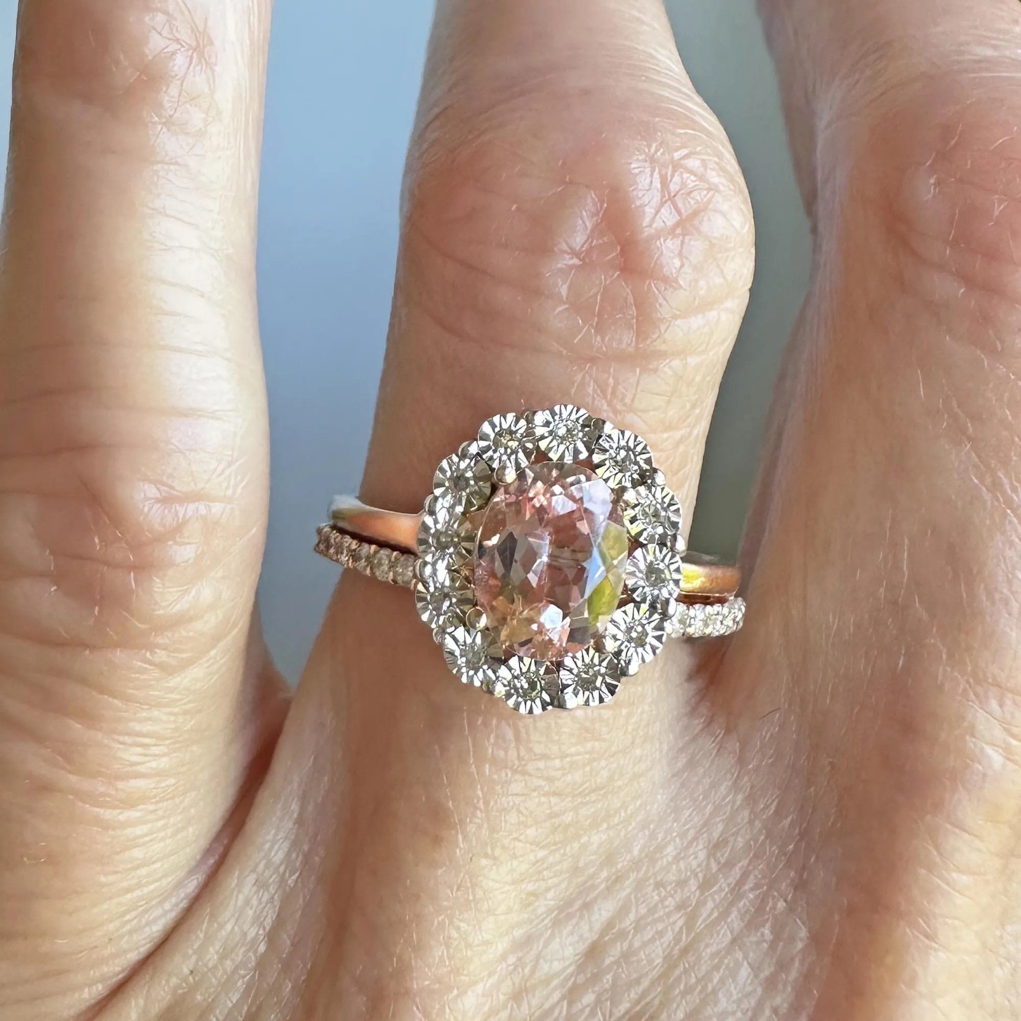 Vintage 14K Rose Gold Diamond Moraganite Wedding Ring Set