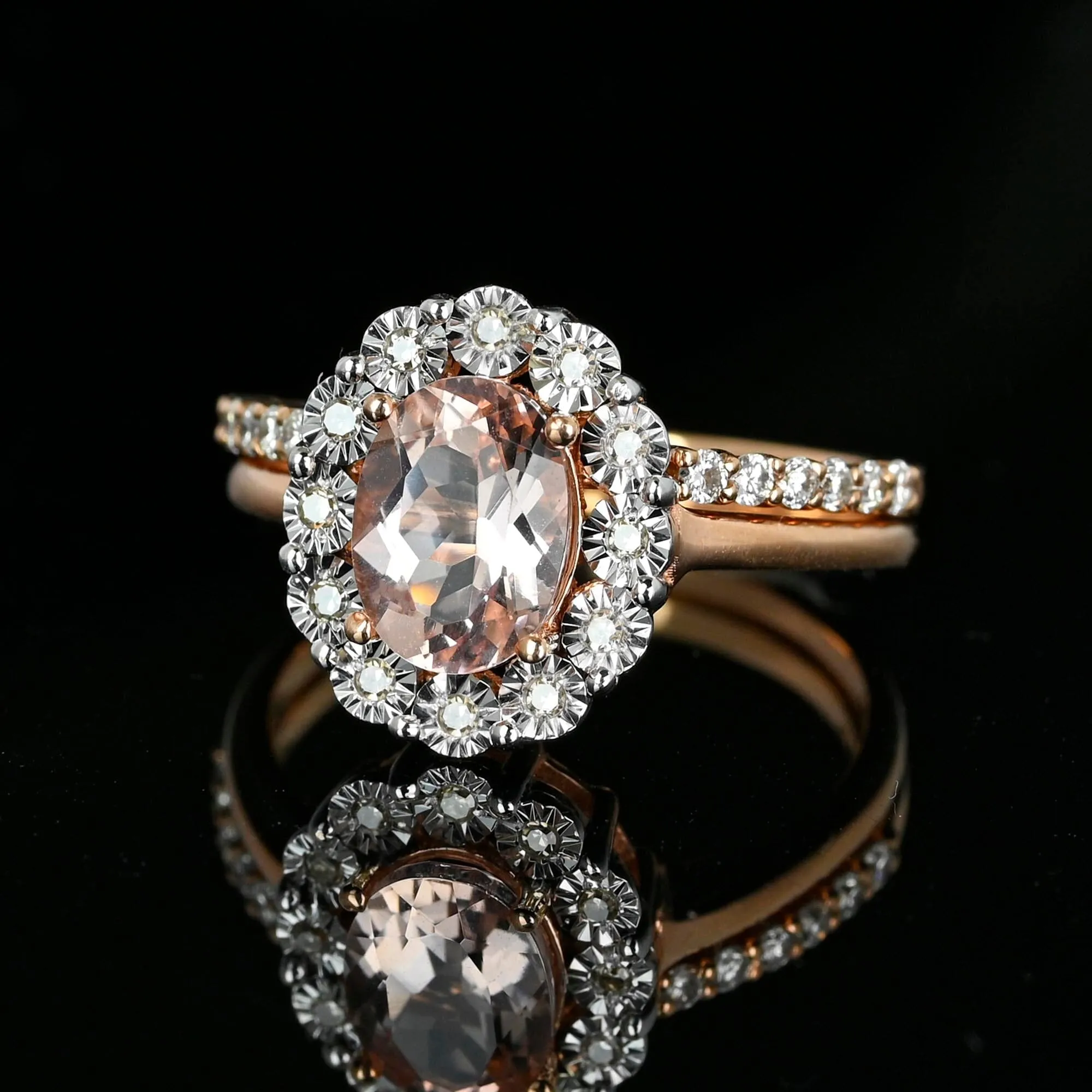 Vintage 14K Rose Gold Diamond Moraganite Wedding Ring Set