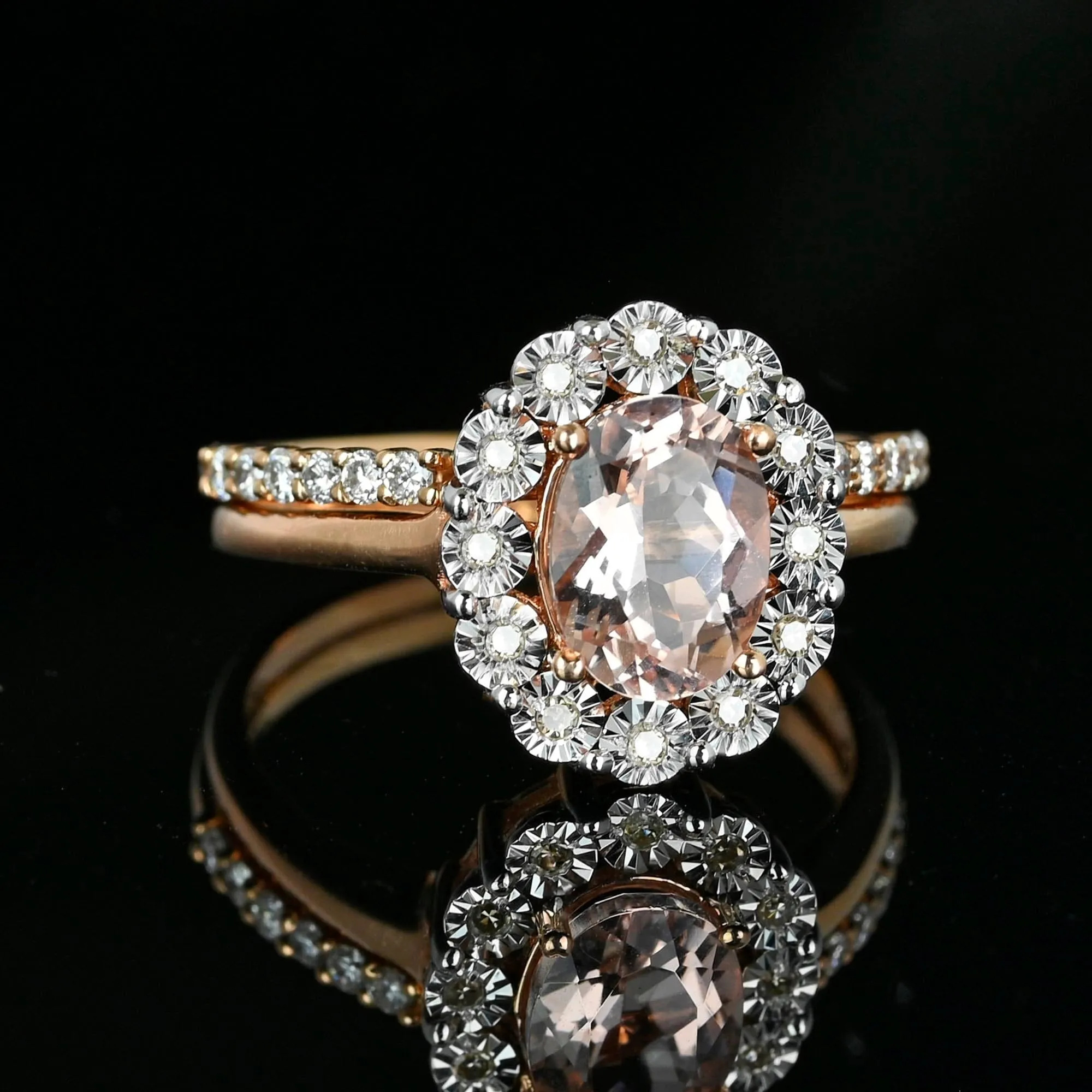 Vintage 14K Rose Gold Diamond Moraganite Wedding Ring Set