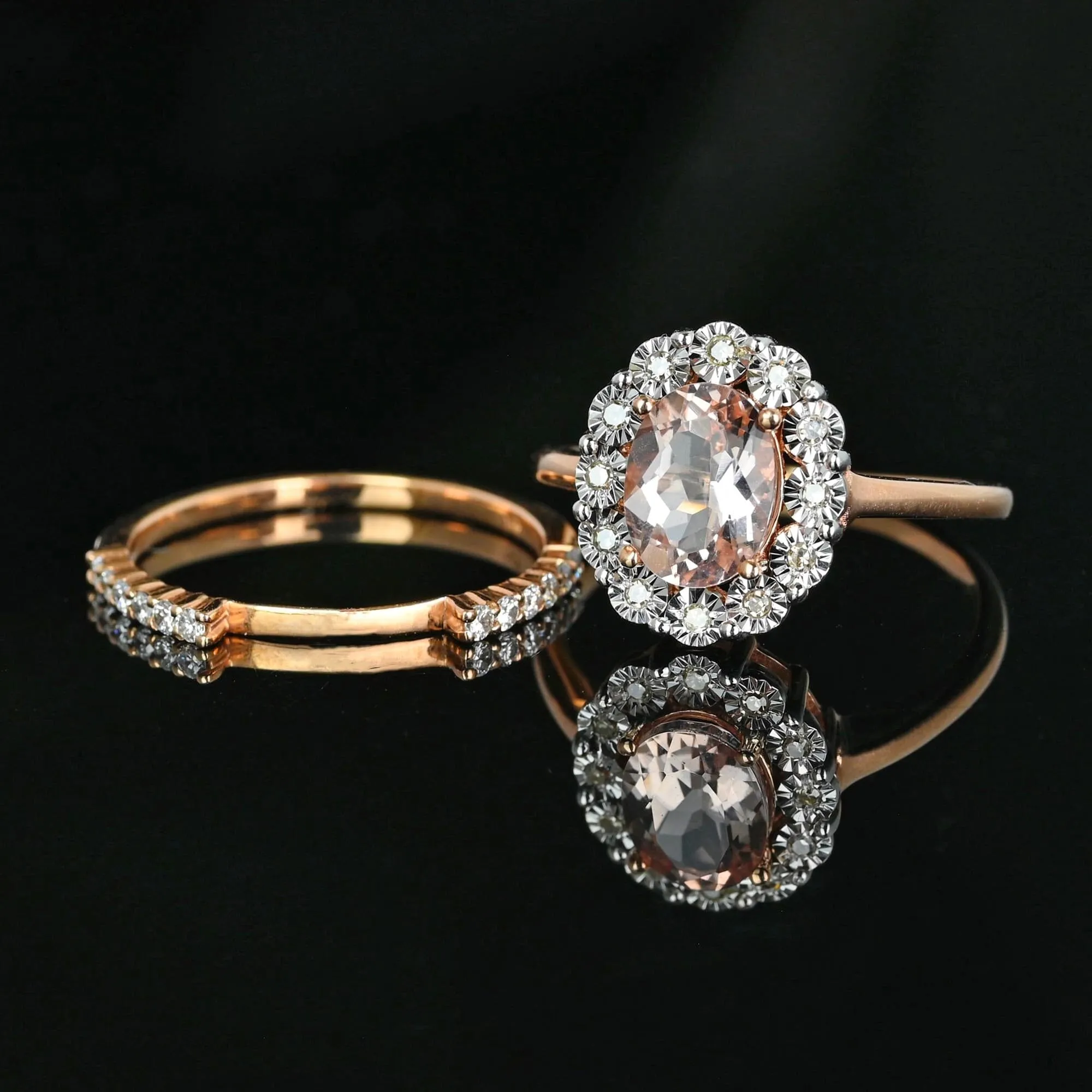 Vintage 14K Rose Gold Diamond Moraganite Wedding Ring Set