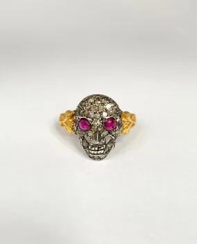 Vintage, 15ct Gold Ruby Eyed, Rose Cut Diamond encrusted Skull Ring, 3.7g