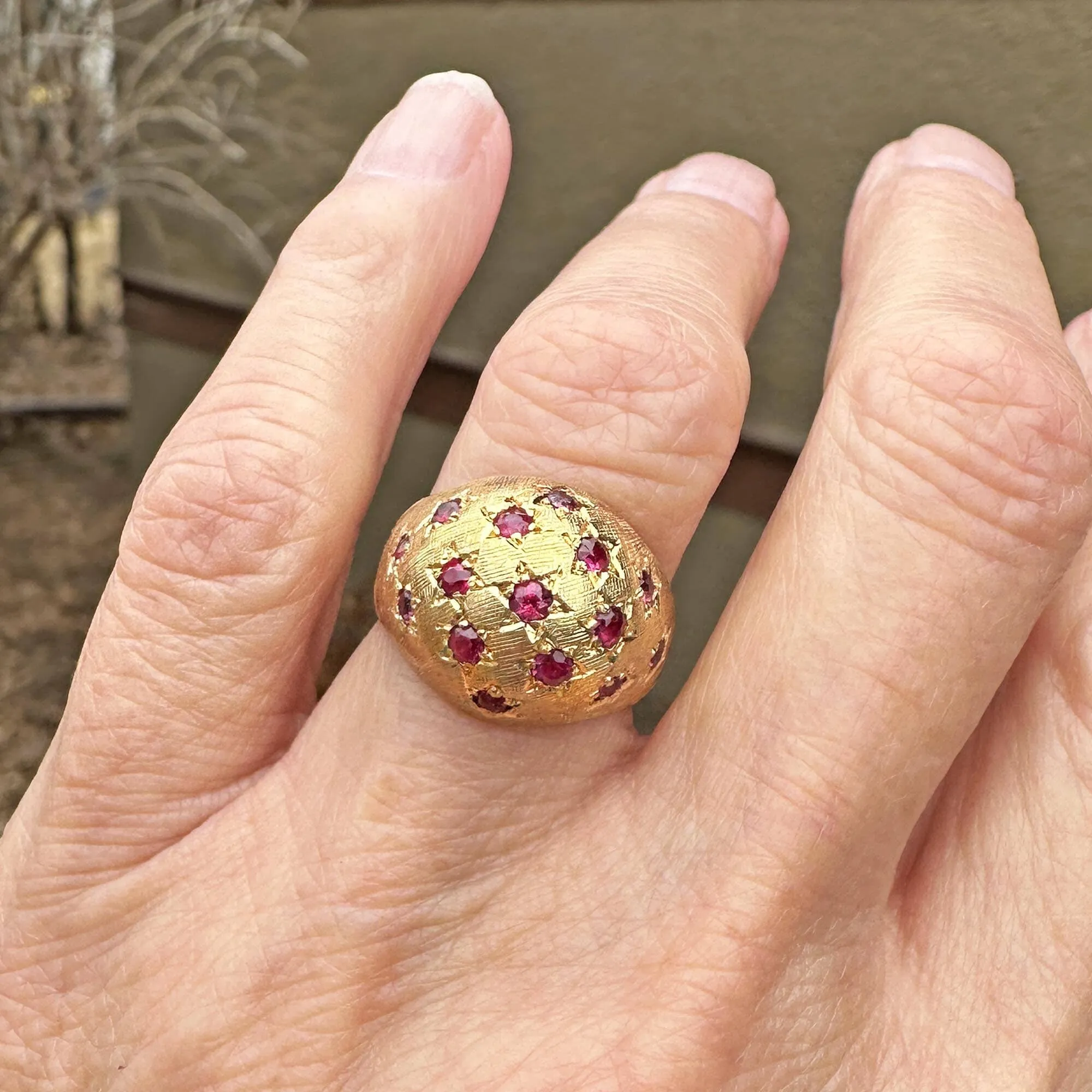 Vintage 18K Gold Bombe Ruby Dome Ring, Engraved Stars