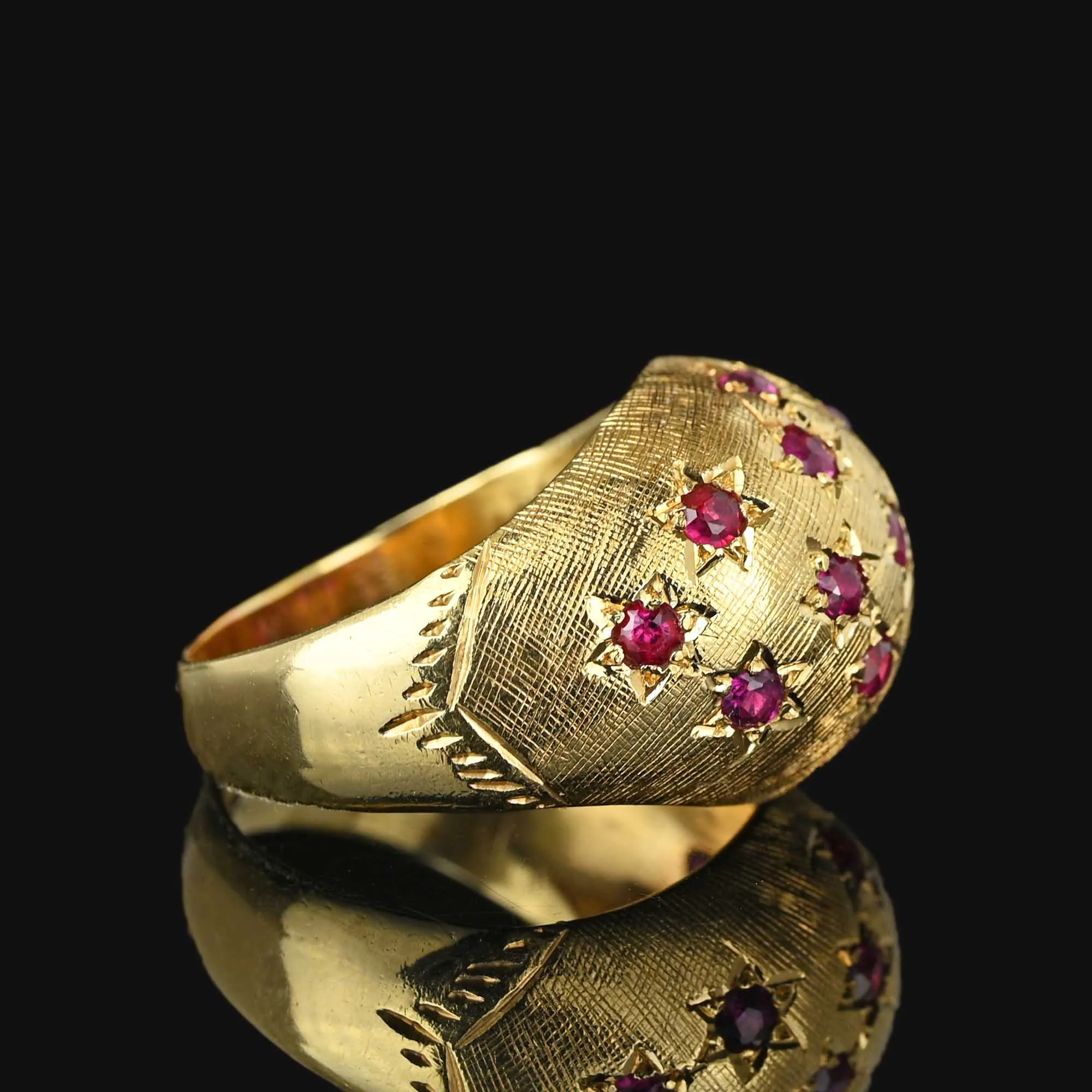 Vintage 18K Gold Bombe Ruby Dome Ring, Engraved Stars