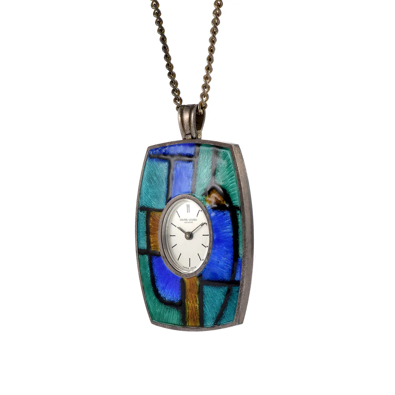 Vintage 1950's Favre Leuba Silver and Enamel Pendant Watch