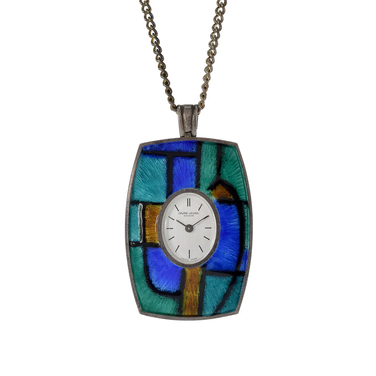 Vintage 1950's Favre Leuba Silver and Enamel Pendant Watch