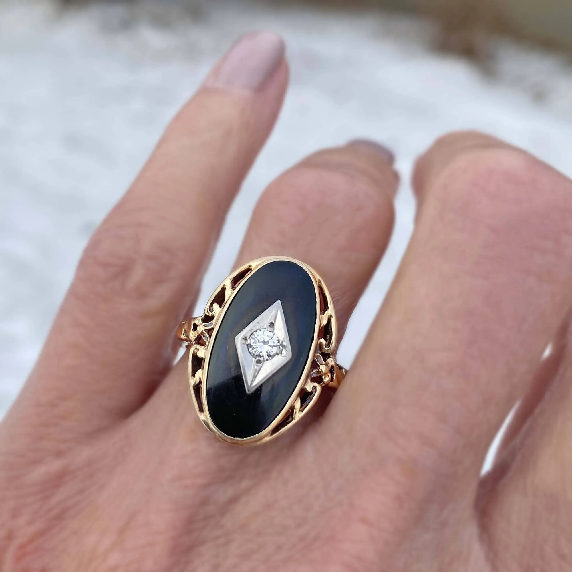 Vintage Black Onyx Diamond Ring in Gold