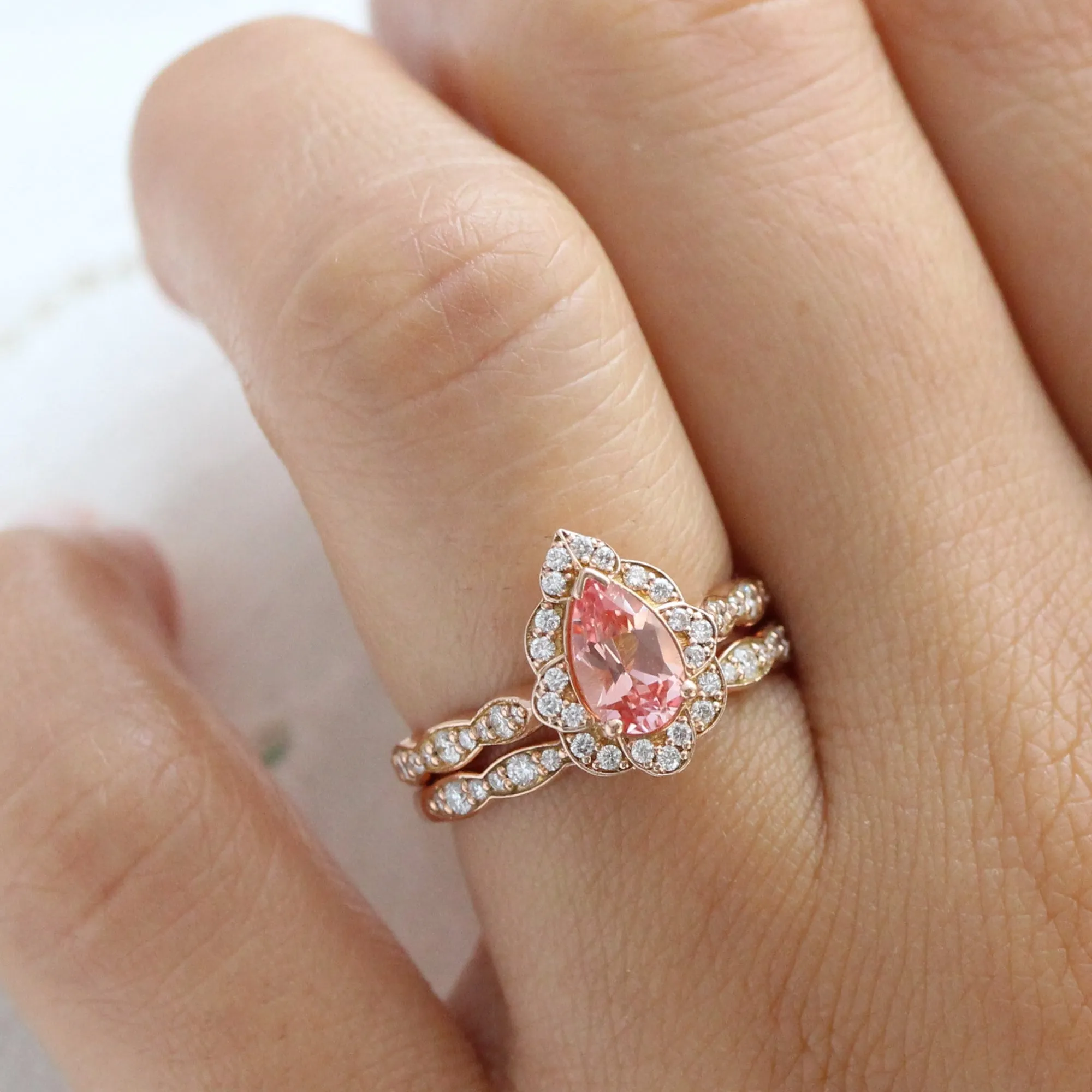 Vintage Floral Pear Peach Sapphire Ring Set w/ Matching Scalloped Diamond Wedding Band