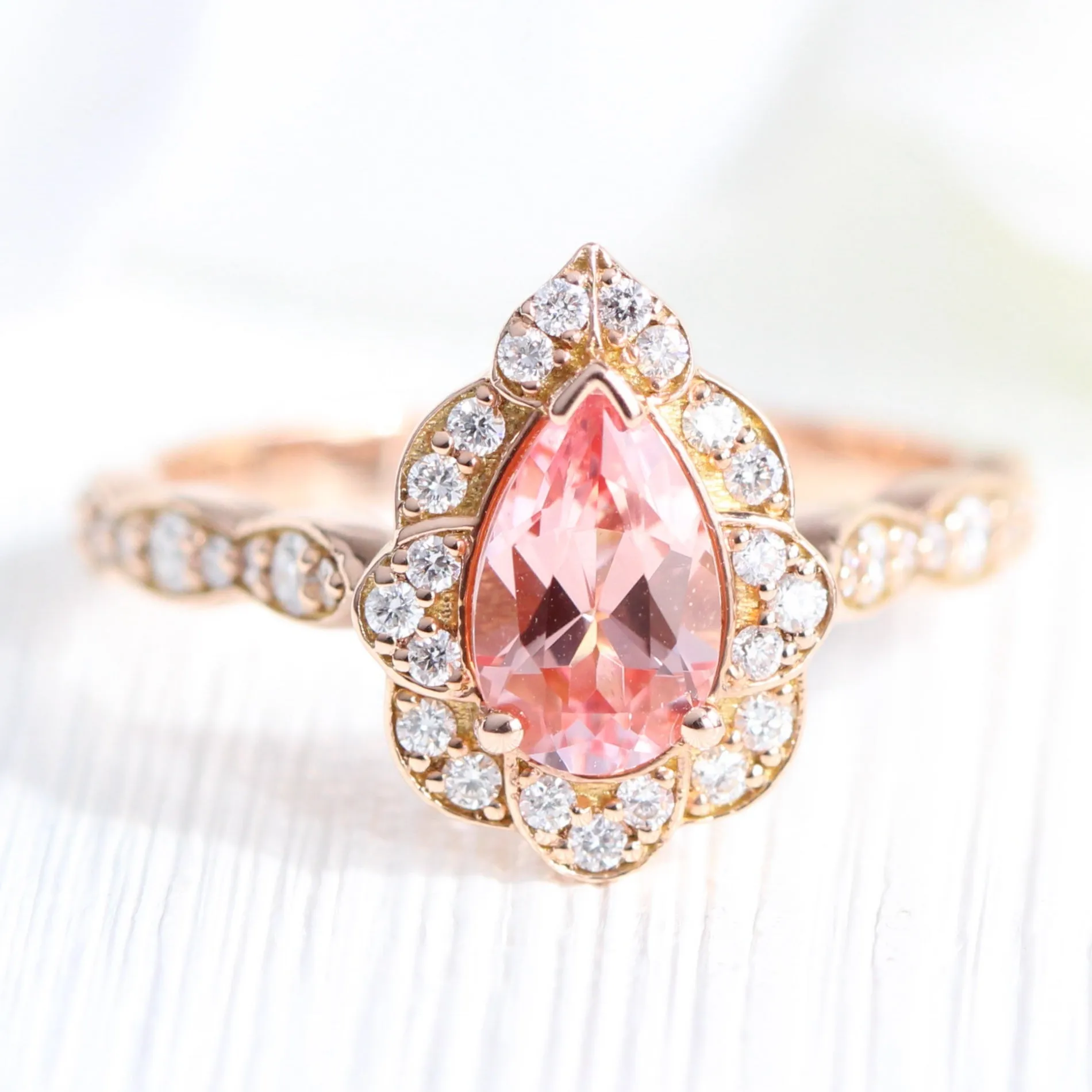 Vintage Floral Pear Peach Sapphire Ring Set w/ Matching Scalloped Diamond Wedding Band