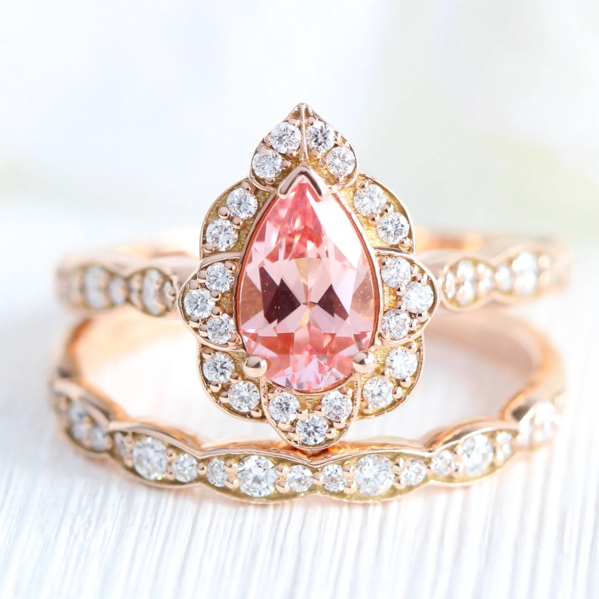 Vintage Floral Pear Peach Sapphire Ring Set w/ Matching Scalloped Diamond Wedding Band