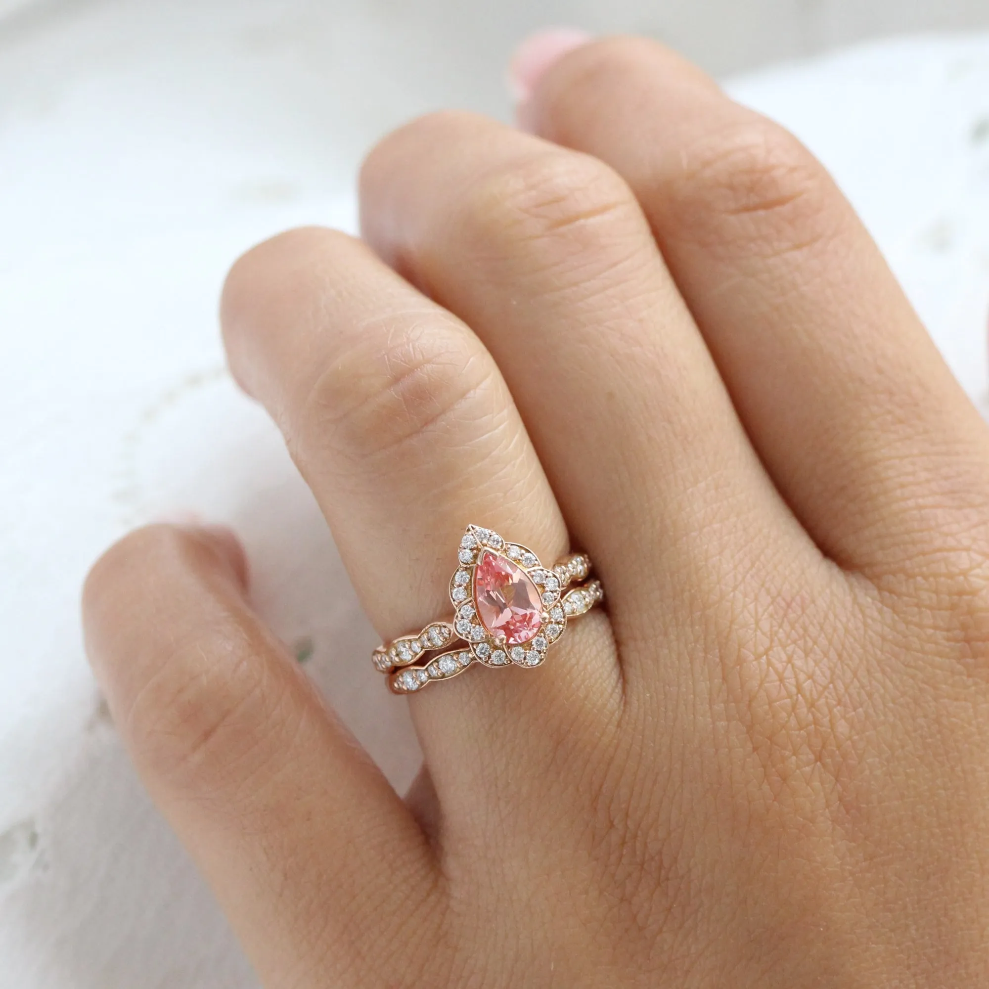 Vintage Floral Pear Peach Sapphire Ring Set w/ Matching Scalloped Diamond Wedding Band