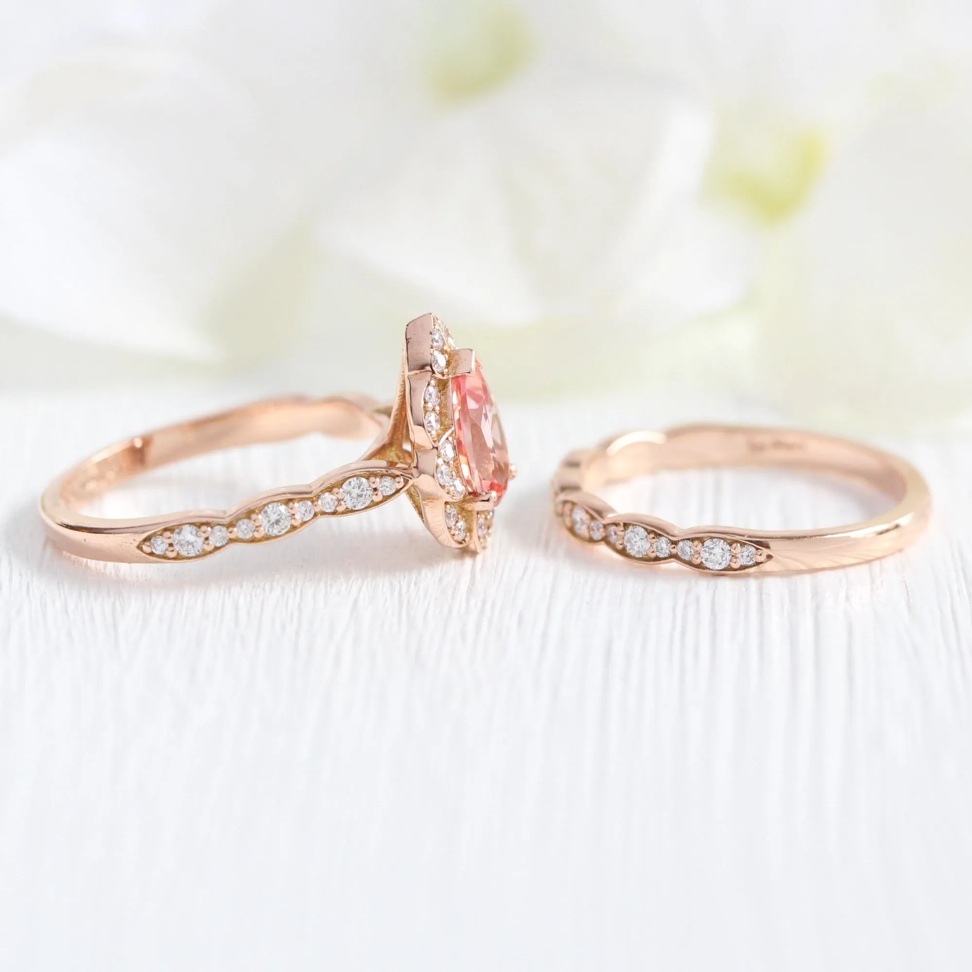 Vintage Floral Pear Peach Sapphire Ring Set w/ Matching Scalloped Diamond Wedding Band