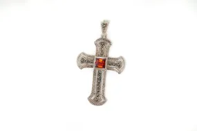 Vintage Garnet Marcasite Cross Sterling Silver Necklace Pendant