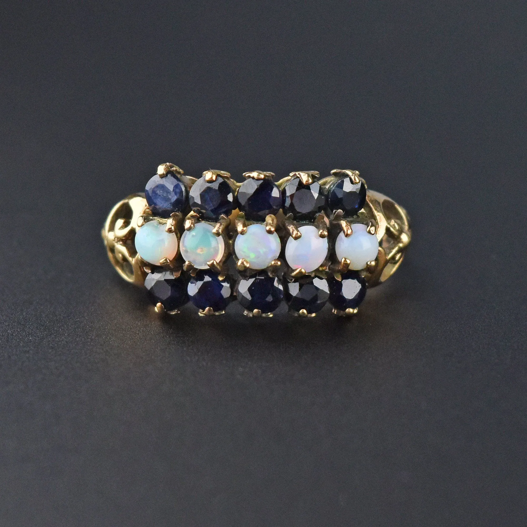 Vintage Gold Five Stone Opal and Sapphire Ring, Sz 6