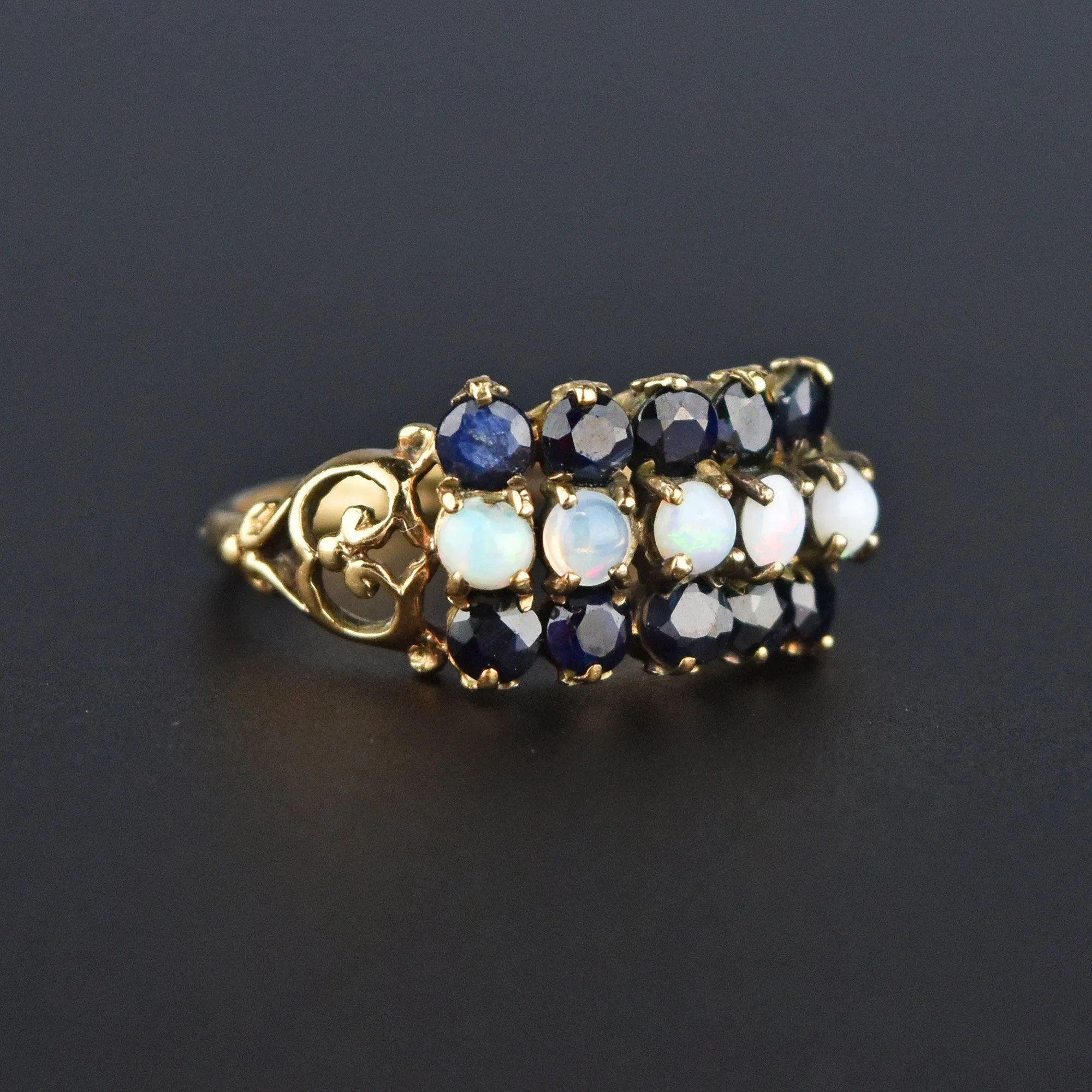 Vintage Gold Five Stone Opal and Sapphire Ring, Sz 6