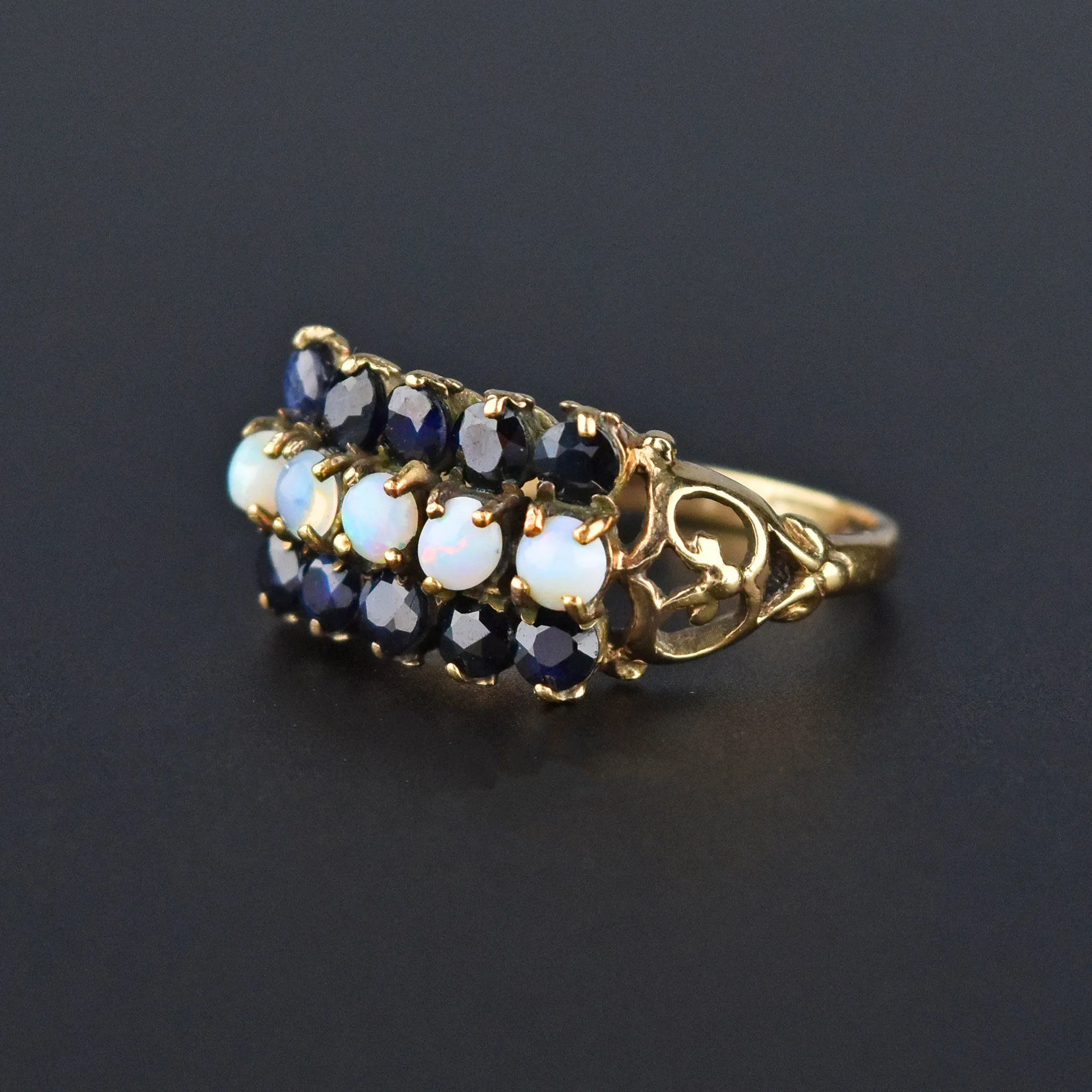 Vintage Gold Five Stone Opal and Sapphire Ring, Sz 6