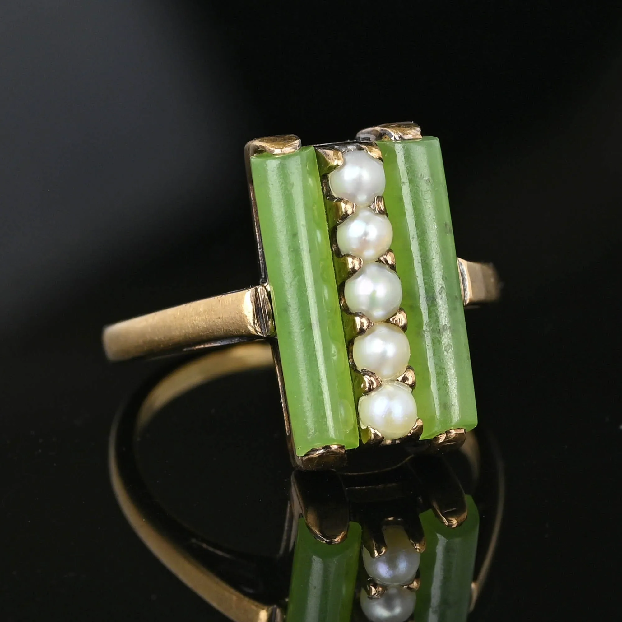 Vintage Gold Pearl Green Jade Art Deco Ring